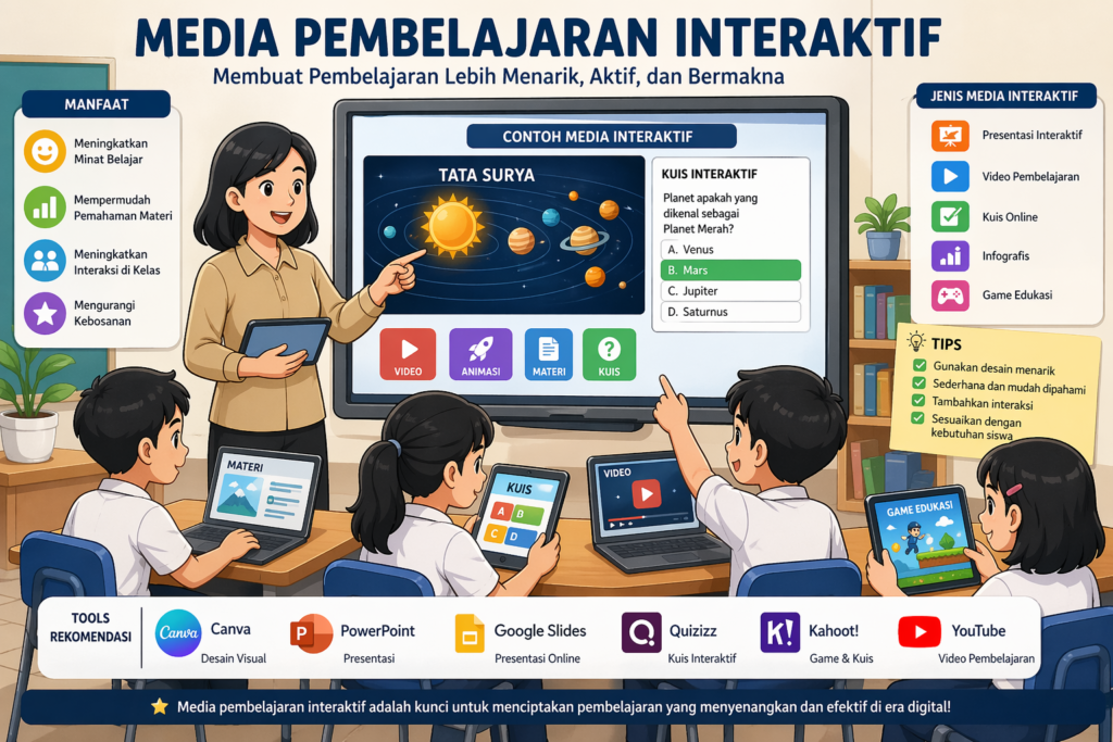 Media pembelajaran interaktif di kelas menggunakan teknologi digital seperti video, kuis, dan animasi untuk meningkatkan minat belajar siswa