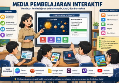 Media pembelajaran interaktif di kelas menggunakan teknologi digital seperti video, kuis, dan animasi untuk meningkatkan minat belajar siswa