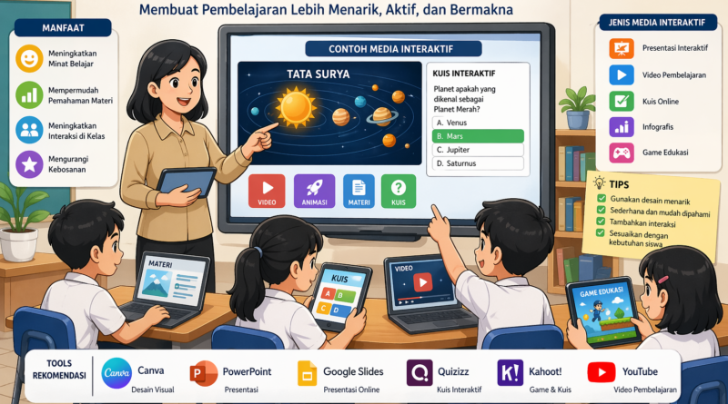 Media pembelajaran interaktif di kelas menggunakan teknologi digital seperti video, kuis, dan animasi untuk meningkatkan minat belajar siswa